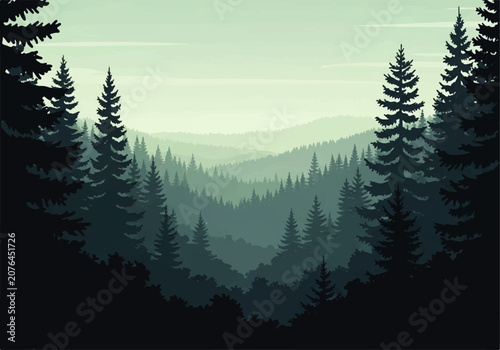 Cuadro en lienzo Vector flat design illustration of a serene misty evergreen forest landscape wit