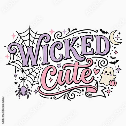 Wicked cute halloween ghost typography spooky lettering with spiderweb bats and pumpkin illustration