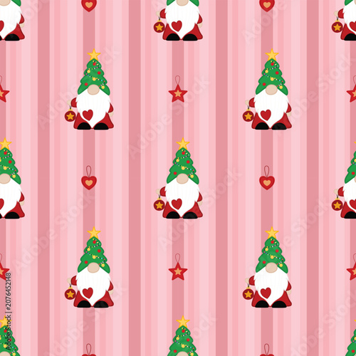 Cute Christmas Gnome Seamless Pattern with Christmas Tree Hat, Hearts and Holiday Ornaments on Pink Striped Background
