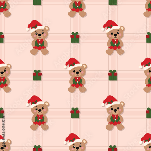 Cute Christmas Teddy Bear Seamless Pattern with Gift Boxes on Pastel Plaid Background | Holiday Cartoon Textile Design
