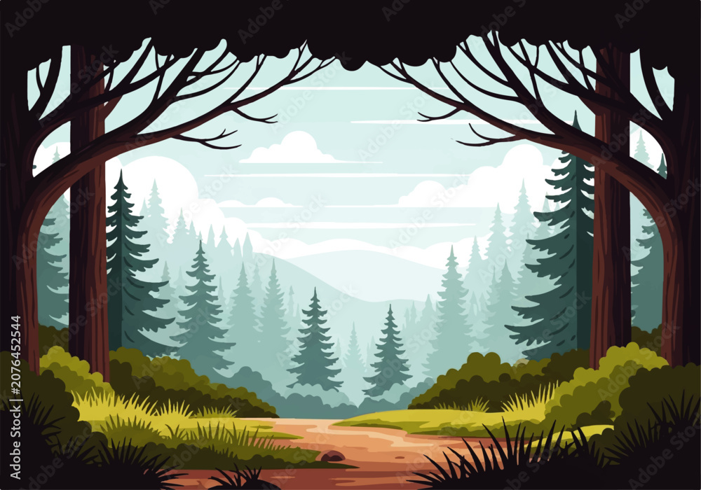 Naklejka premium Vector flat design illustration of a serene forest landscape with rolling hills and a winding path, evoking a peaceful