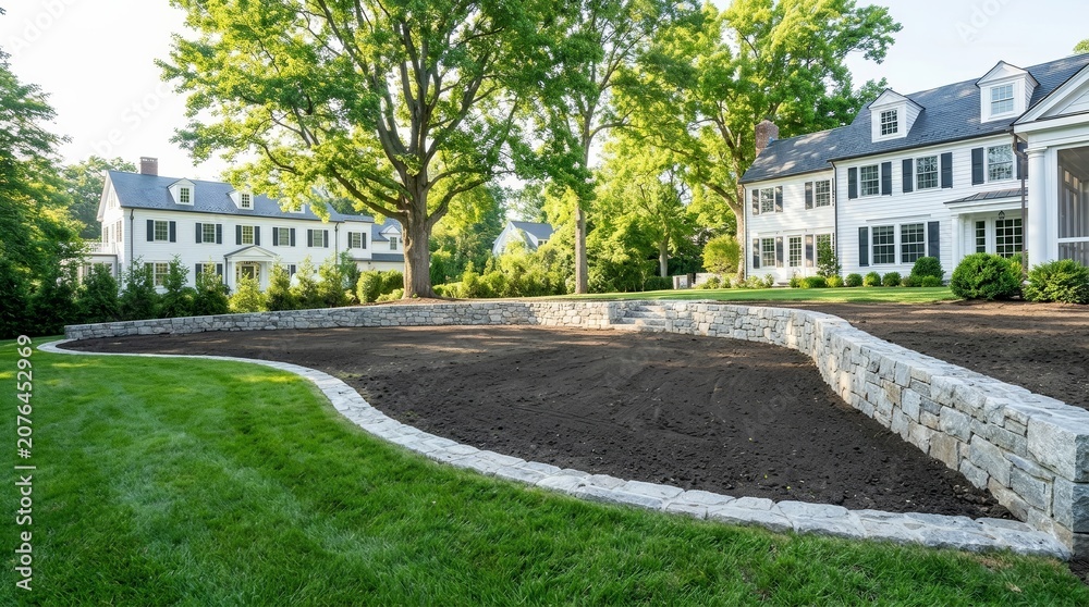 Fototapeta premium New yard grading and drainage solution with a stone border and fresh excavated soil in a backyard.