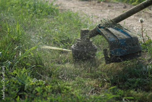 Close-up of a string trimmer head cutting green grass with flying particles