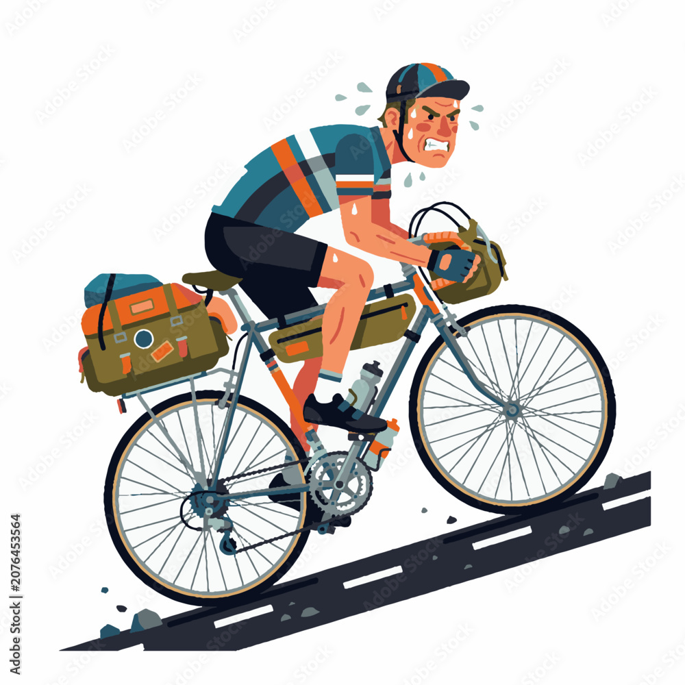 Fototapeta premium Exhausted male cyclist riding loaded touring bicycle uphill with heavy bags and gear.