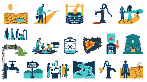 Water Scarcity and Conservation Icons - Flat Style Vector Set