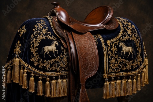 Embroidered velvet horse blanket with gold tassels over leather saddle.