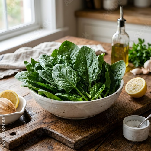 Fresh raw spinach leaves in bowl on wooden table with olive oil and lemon in rustic kitchen setting