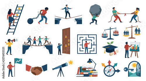 Flat Design Business Concepts Illustrations: Growth, Challenges, Education, Teamwork  Strategy Metaphors