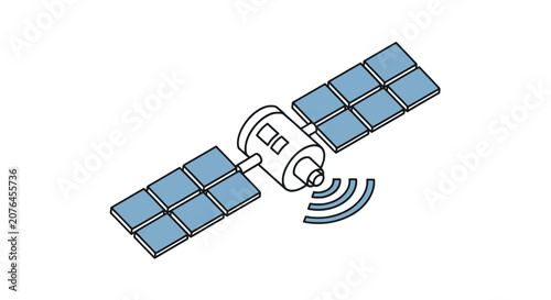 Isometric artificial satellite with solar panels in orbit