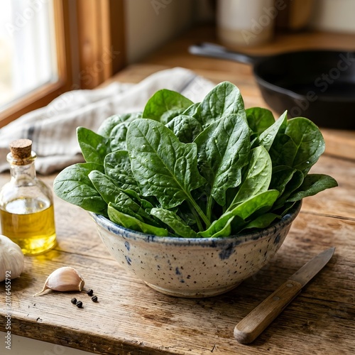 Fresh raw spinach leaves in ceramic bowl on wooden table with olive oil bottle close up