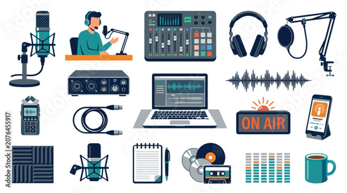 Podcasting Studio Equipment: Microphones, Mixer, Laptop, Headphones, On Air Sign