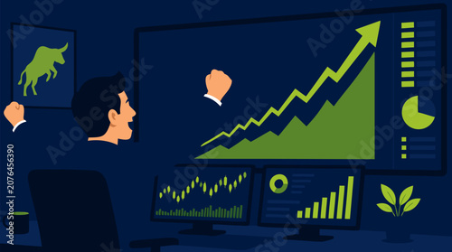 An excited stock trader celebrates a rising green arrow on a large screen in this bold flat vector illustration on a light background, perfect for finance, investment, and fintech marketing materials