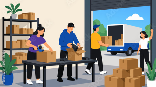 A startup team packs boxes and ships their first product from a small warehouse in this energetic flat vector illustration on a light background, great for e-commerce, logistics, and entrepreneurship 