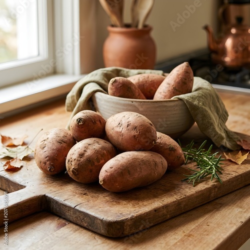 Freshly Harvested Sweet Potatoes in Rustic Kitchen with Natural Light