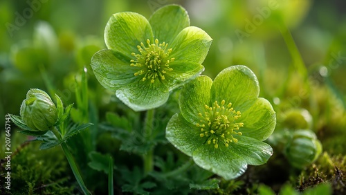 Macro Close Up of Green Hellebore Flowers, Fresh Blooming Lenten Rose Wildflowers in Sunlit Spring Garden Backdrop