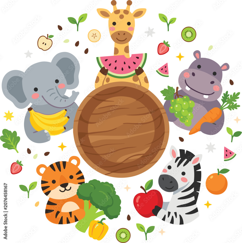 Obraz premium Cute Animals with Fruits and Vegetables Around Wooden Circle Frame Including Elephant Giraffe Hippo Tiger and Zebra for Kids and Children Designs