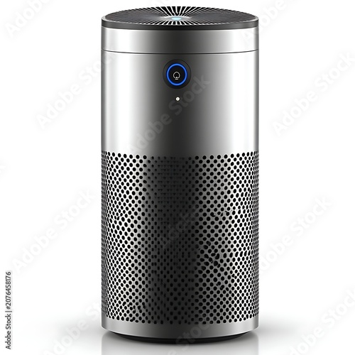 Sleek cylindrical air purifier with perforated metal casing and subtle blue light indicator