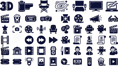 Bild auf Leinwand Cinema and Movie Industry Flat Icon Set with Entertainment Elements for Theater
