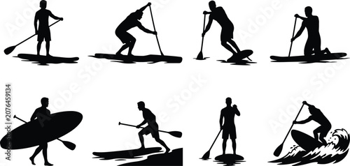 Photography Stand-up paddleboarding silhouette set showing water sport techniques and dynami