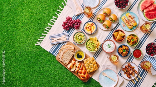 Overhead Shot of a Lively Summer Festival Picnic Blanket with International Street Foods