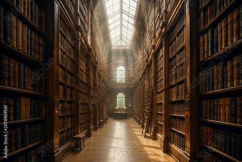 couloir. A serene passage between towering wooden bookshelves with soft light from a high skylight. real-estate listings.