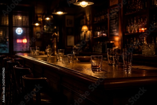 An empty wooden bar at night with scattered glasses under warm lighting.