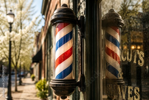 A vintage barber pole with red, white, and blue stripes spinning in spring sunlight.