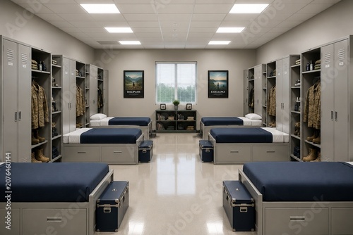 Immaculate modern barracks room with perfectly made beds and lockers.