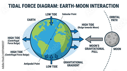 Obraz na plátně Infographic illustration explaining the tidal force diagram of Earth and Moon interaction with labeled gravitational pull and tidal forces
