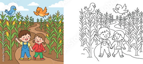 Coloring page and colored version of happy kids walking in a cornfield maze, cartoon vector illustration for children activity book or worksheet.