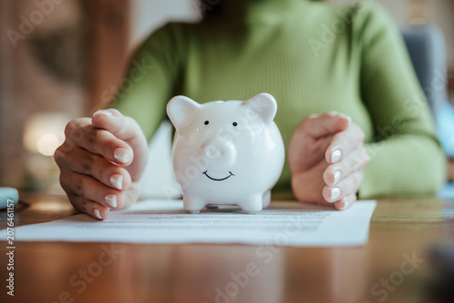 Protecting Savings with Piggy Bank and Hands in Financial Security Concept
