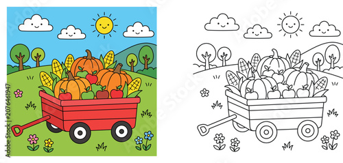 Harvest wagon coloring book page and colorful cartoon vector illustration with autumn pumpkins, corn, and apples in a field on a sunny day for kids