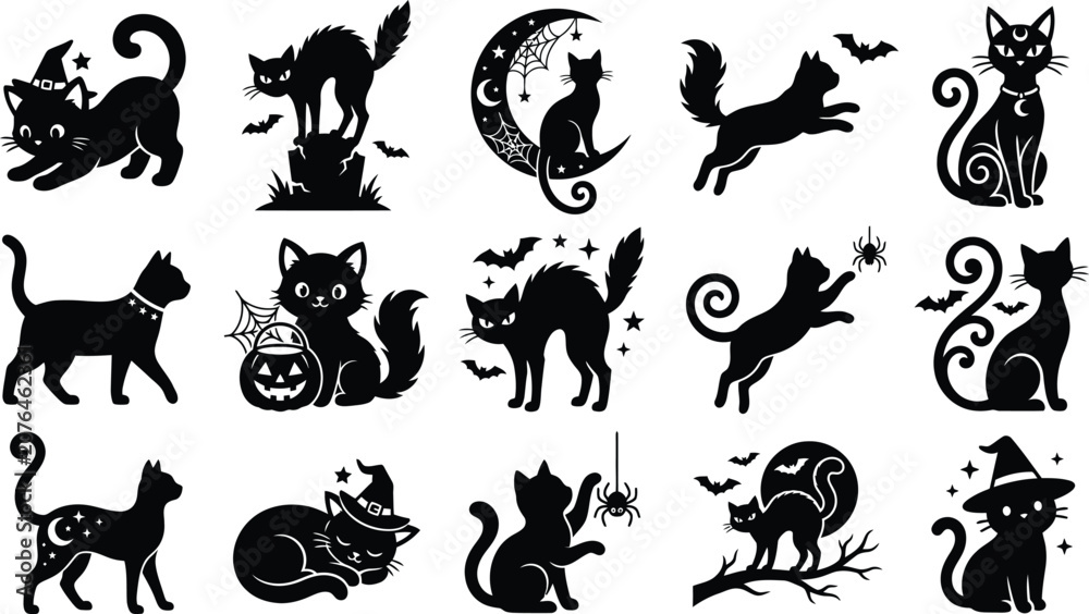 Obraz premium Black cat halloween silhouettes collection with bats spiders and crescent moons