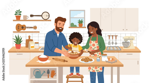 A happy multiracial family of three is baking cookies together in a bright, modern kitchen, creating joyful memories.