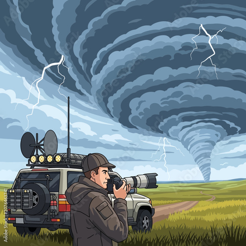 Fotografie Storm Chaser Captures Tornado with Camera from SUV in Rural Field