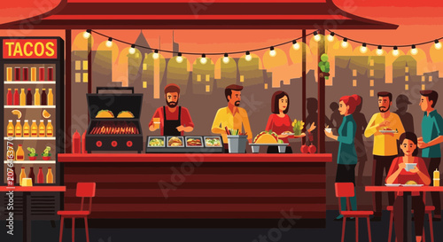 Street Food Tacos Stand at Dusk with People Enjoying