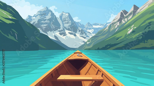 Photos the stunning landscape of lake from a wooden rowboat, surrounded by majestic mountains and crystal clear turquoise water