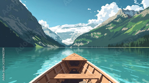 Tableau sur toile the stunning landscape of lake from a wooden rowboat, surrounded by majestic mountains and crystal clear turquoise water