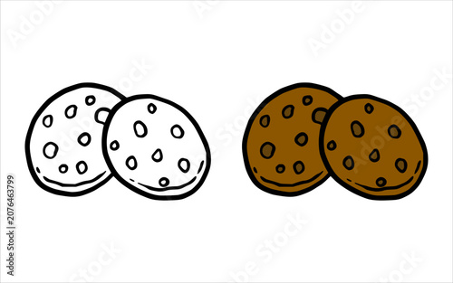 Hand drawn chocolate chip cookie doodle set featuring line art and brown colored versions.