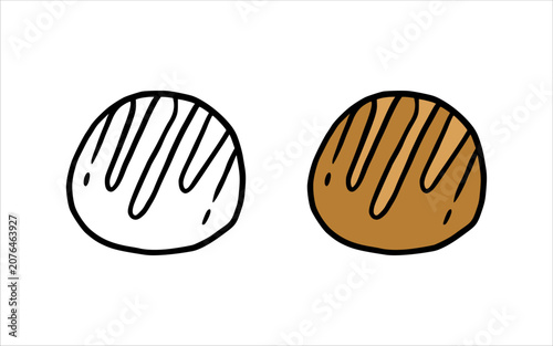 Cute hand drawn bread bun doodle in color and black line art isolated on white background.