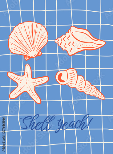 Nautical poster featuring seashells on a striped background, in a 