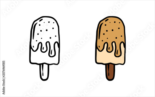 Hand drawn melting ice cream popsicle doodle set in line art and colored versions