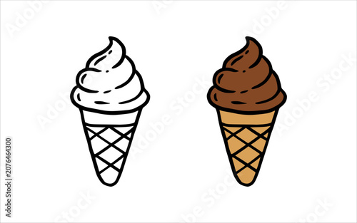 Chocolate ice cream cone and black outline doodle illustration isolated on white background