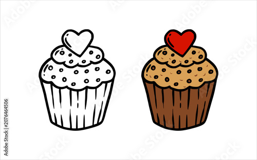 Hand-drawn cupcake illustration with a red heart topper and a black and white outline version