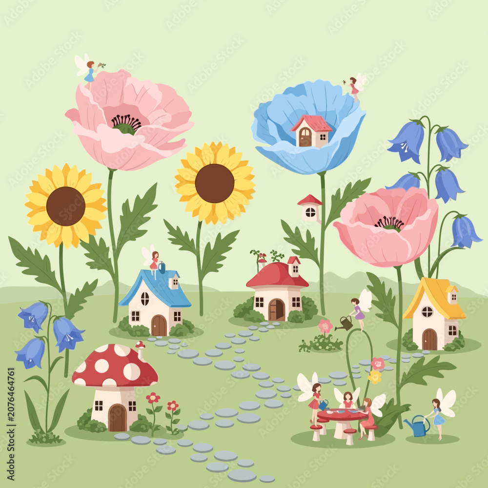 Naklejka premium Whimsical Fairy Village Among Giant Flowers and Mushrooms, Magical Garden Scene
