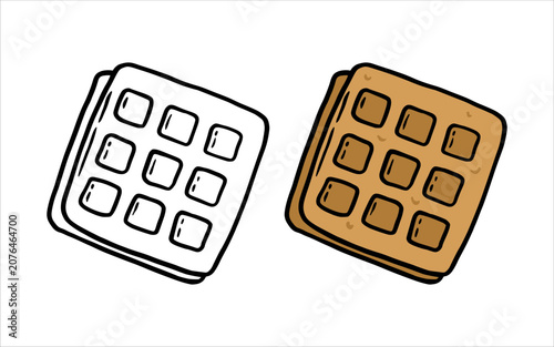 Hand drawn square waffle illustration featuring line art and colored versions on white