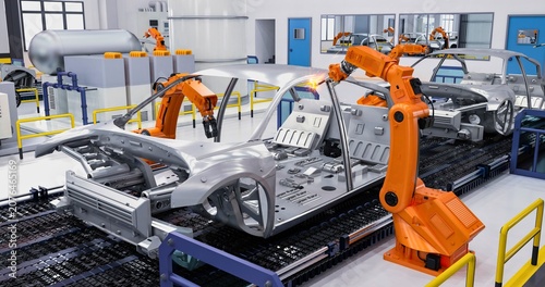 Fotografie Automated car manufacturing assembly line with orange robotic arms assembling a