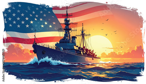 US Navy Destroyer Warship at Sea.
