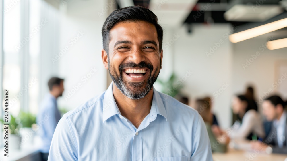 Fototapeta premium joyful diverse businessman laughing in bright modern coworking space suitable for corporate happiness marketing