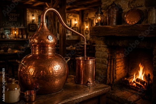 A copper still gleams by a fireplace in a rustic tavern, warm firelight.